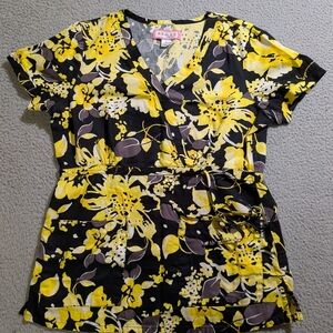 Koi by Kathy Peterson Women`s Black & Yellow Floral Hawaiian Scrub Top / Size S
